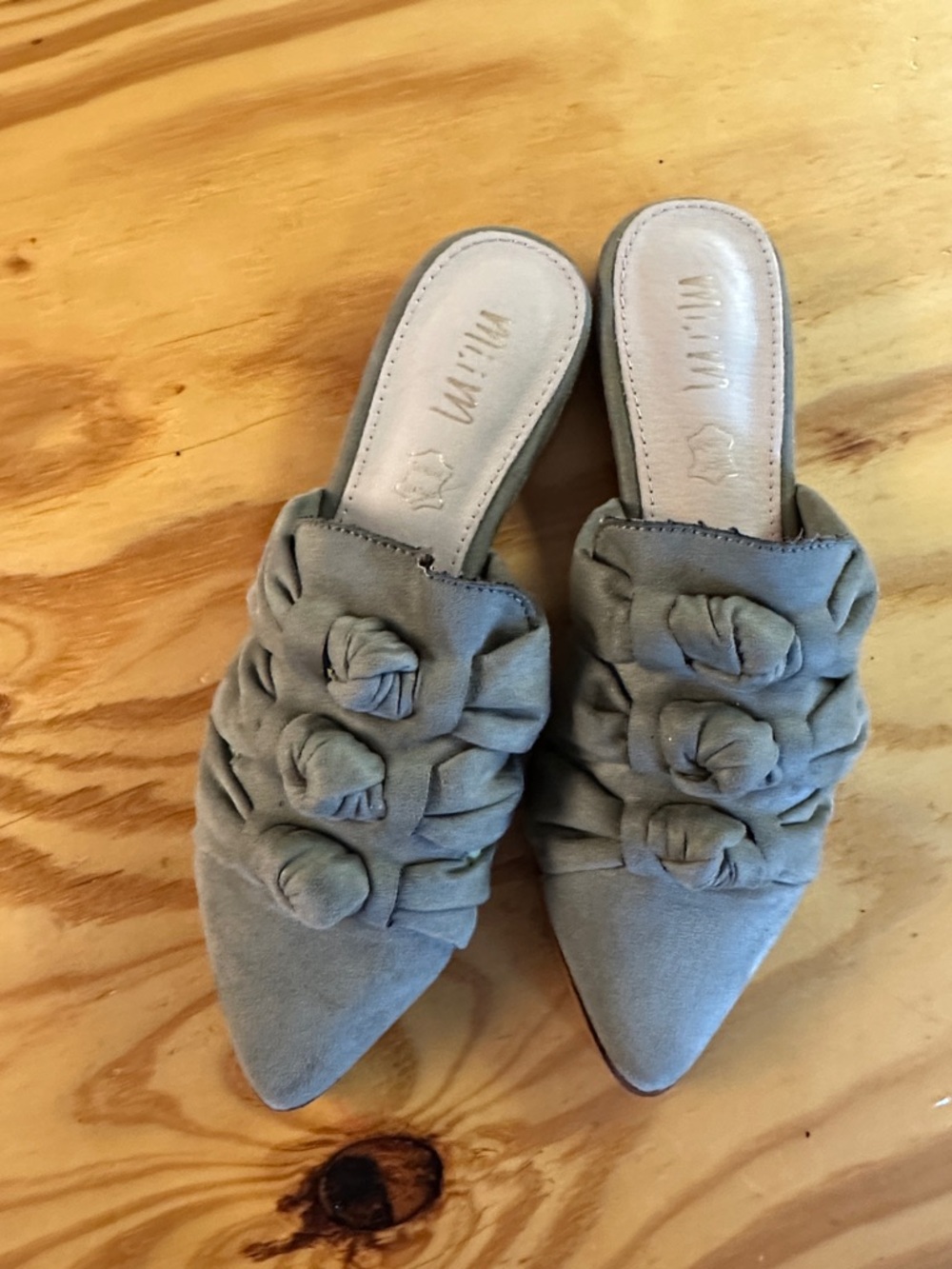 NWT Miim Women's Slip-On Pointed Mules with Rosette Detail - Olive Green Size 7